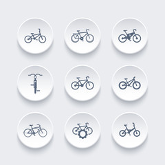 bicycle, cycling, electric bike icons set, vector illustration