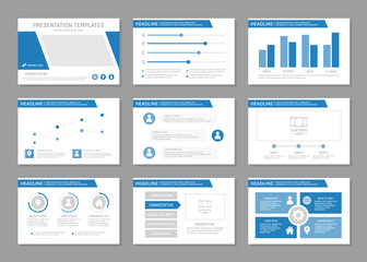 Set of blue template for multipurpose presentation slides with graphs and charts. Leaflet, annual report, book cover design.