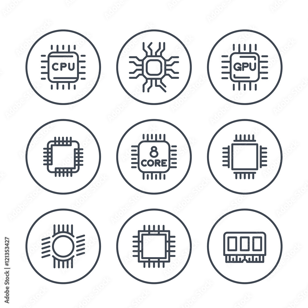 Aufkleber chipset, cpu line icons in circles, microchip, gpu, 8 core processor