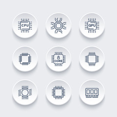 Chipset, cpu line icons set, microchip, gpu, multi-core processor