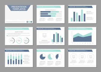 Set of turquoise and blue template for multipurpose presentation slides with graphs and charts. Leaflet, annual report, book cover design.
