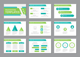 Set of turquoise and green template for multipurpose presentation slides with graphs and charts. Leaflet, annual report, book cover design.