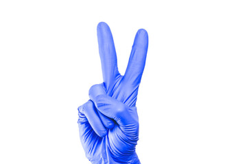 Hand in blue glove isolated on white showing two fingers.