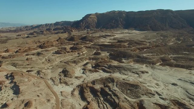 The terrain is mountainous terrain in desert Park of Timna.Aerial View of the desert of Timna. Panoramic shot