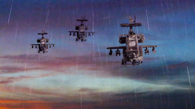 Military gunships flying with dramatic sky