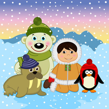 Eskimo boy with arctic animals - vector illustration, eps