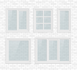 Fototapeta na wymiar Set of metal plastic window in white brick wall