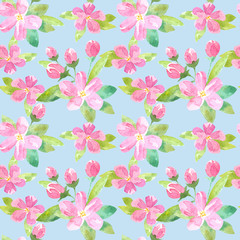Fototapeta na wymiar Floral seamless pattern with apple flowers and buds.Watercolor hand drawn illustration.Blue background.
