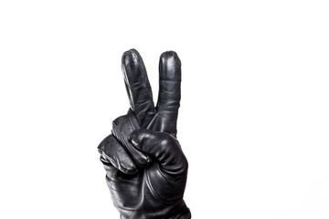 Showing fingers hand in black leather glove isolated on white.