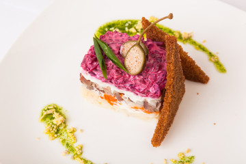 herring under a fur coat from beetroot