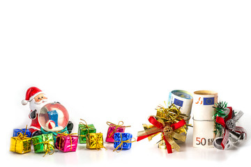 Christmas decorations santa with colorful Christmas gift box and Euro Bank note with green,silver and red ribbon on white background, Money Christmas decorative image for Holiday money Saving concept.