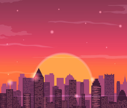 Evening city skyline. Buildings silhouette cityscape. Red sky with sun and clouds. Vector