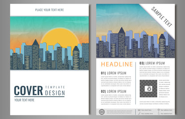 Vector Brochure Flyer design with city landscape. Layout template, size A4, Front page and back page, infographics. Easy to use and edit.