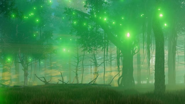 Supernatural fairy firefly lights flying in the air in a scary mysterious forest at misty night. Realistic 3D animation rendered in 4K, ultra high definition.