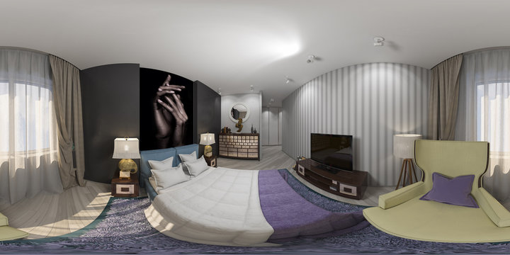3d render of interior design seamless panorama of bedroom