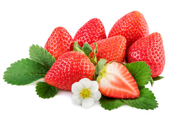 Strawberry. Organic strawberries with leaves and plant flower isoalted on white.