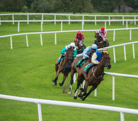 Jockeys and race horses galloping around the bend of the race track