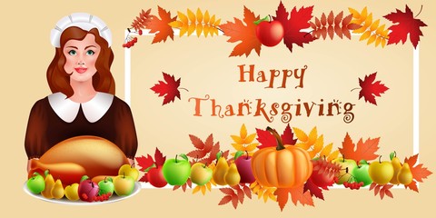 illustration of Thanksgiving celebration banner with maple leaf