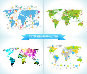 Fototapeta na wymiar Social Network. Various shapes sparkling Pictograms set. Collection Flat Design concept with World Maps. Team Chatting by Media. Ribbon Text