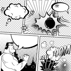 Vector Retro Comic Book Speech Bubbles Illustration. Mock-up of Page with place for Text, , Symbols, Sound Effects, Colored Halftone Background and Superhero. Black White Coloring