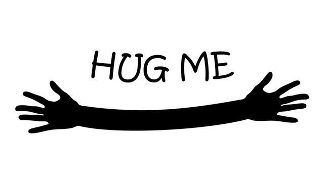 Hug me written above open arms and hands animation