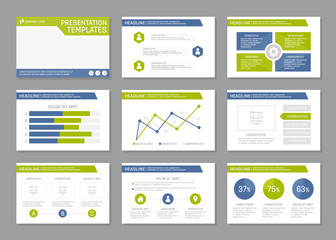 Set of green and blue template for multipurpose presentation slides with graphs and charts. Leaflet, annual report, book cover design.