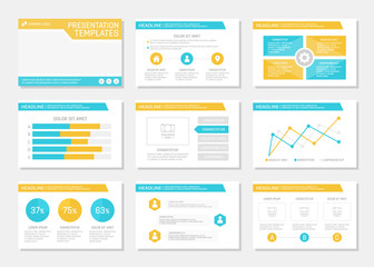Set of turquoise and orange template for multipurpose presentation slides with graphs and charts. Leaflet, annual report, book cover design.