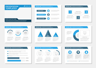 Set of blue template for multipurpose presentation slides with graphs and charts. Leaflet, annual report, book cover design.