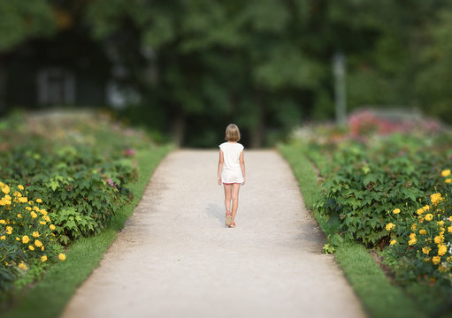 Beautiful little girl is on road in a flowery garden