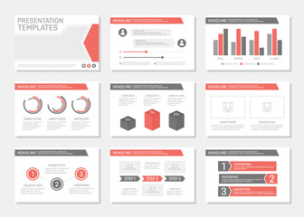 Set of red and gray template for multipurpose presentation slides with graphs and charts. Leaflet, annual report, book cover design.