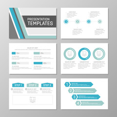 Set of blue and turquoise template for multipurpose presentation slides with graphs and charts. Leaflet, annual report, book cover design.