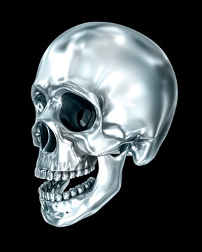 Metallic human skull over black , 3D illustration