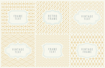 Retro Mono Line Frames with place for Text. Design Template, Labels, Badges on Seamless Geometric Patterns. Minimal Textures Background