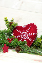 Christmas ornaments and on a wooden background. - 121366830