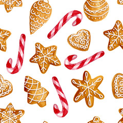 Christmas gingerbread cookies and candies on a white background. - 121367082