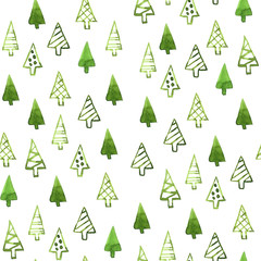 green Christmas trees on a white background. Watercolor illustra
