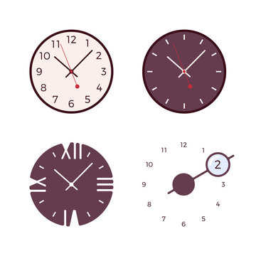 Set of four modern wall clocks isolated against white background. Cartoon vector flat-style illustration