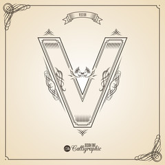 Calligraphic Fotn with Border, Frame Elements and Invitation Design Symbols. Collection of Vector glyph. Certificate Decor. Hand written retro feather Symbol. Letter V