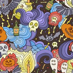Happy Halloween seamless pattern with pumpkins, ghosts, spiders.