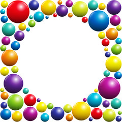 Colorful balls forming a circular frame with white center - isolated vector illustration on white background.