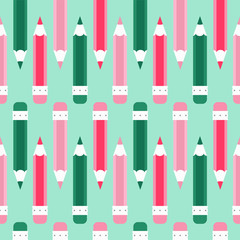 Pencil doodle Seamless vector pattern. Cartoon, green, magenta, cyan