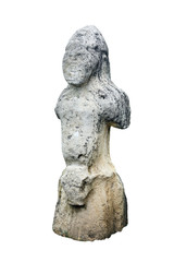 Fototapeta na wymiar old grey stone humanoid pagan idol isolated closeup on white bac