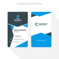 Vertical Double-sided Business Card Template. Blue and Black Colors. Flat Design Vector Illustration. Stationery Design