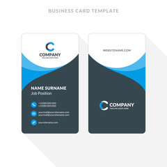 Fototapeta na wymiar Vertical Double-sided Business Card Template. Blue and Black Colors. Flat Design Vector Illustration. Stationery Design