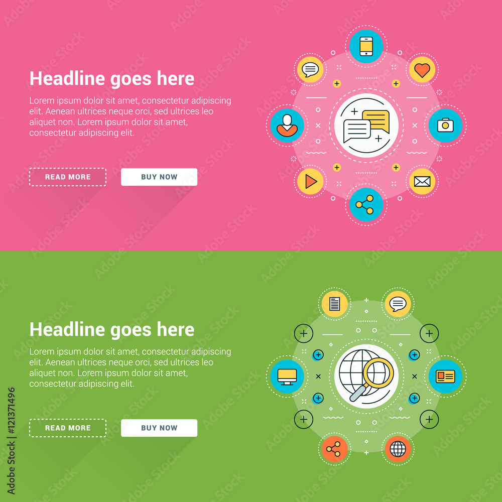 Wall mural set of flat line business website banner templates. vector illustration. business concept for websit