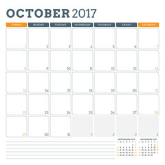 Calendar Planner Template for October 2017. Week Starts Sunday. 3 Months on Page. Place for Notes. Stationery Design. Vector Calendar Template