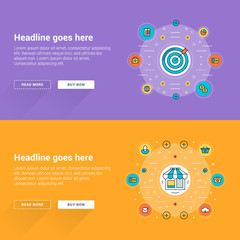 Naklejka premium Set of flat line business website banner templates. Vector illustration. Business concept for website banners. Modern thin line stroke icons in circles