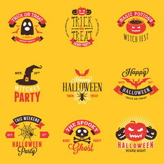 Set of Happy Halloween Badges, Stickers, Labels. Design Elements for Greetings Card or Party Flyer. Vector Illustration. Decoration Elements