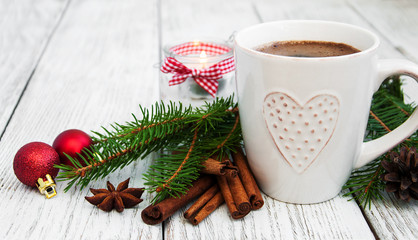 Cup of coffee and christmas decoration