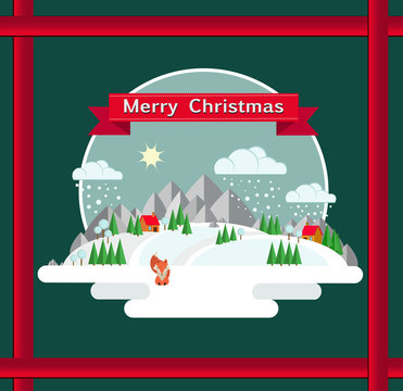 Paysage de montagne sous la neige "Merry Christmas" - Illustration vector